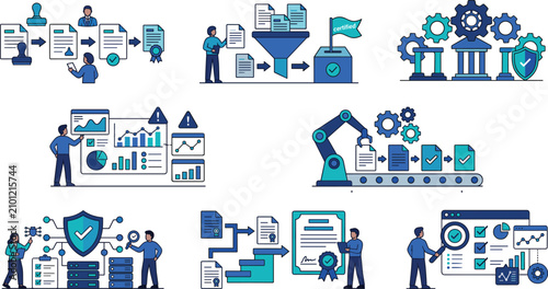 Corporate compliance auditing and legal contract lifecycle management banner set with automated document review workflow symbols