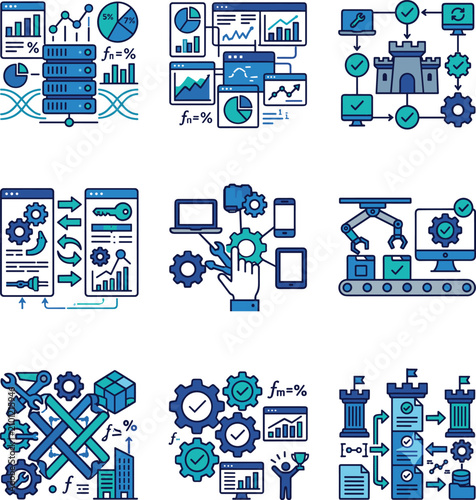 Corporate database security and business operations workflow optimization icon set with data analytics pipeline symbols