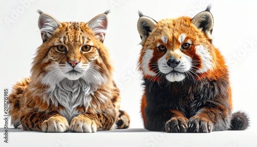 Two unique mammals, a bobcat and a red panda, lie side-by-side, frontal view