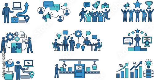 Corporate project management and strategic workforce performance icon set with business process automation workflow symbols