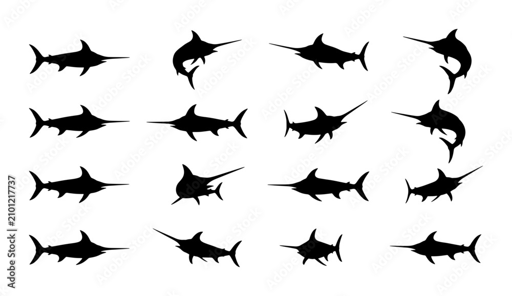 Fototapeta premium Silhouette Marlin Vector Icons, Swordfish Marine Life Collection, Ocean Wildlife Graphics, Sport Fishing Icons