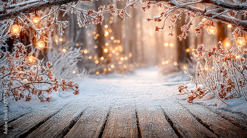 This is a warm winter forest scene: a frosted wooden plank path leads deep into the woods, frost-covered branches dotted with red berries line both sides, blurred warm string lights glow softly 