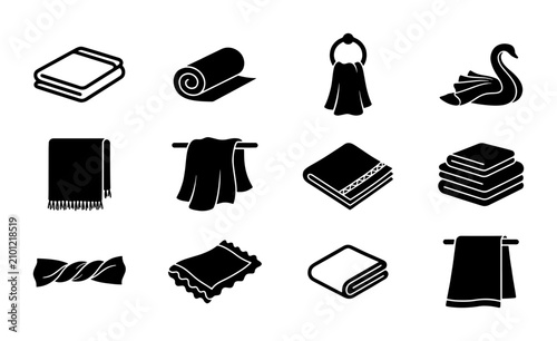 Photos 12 Black and White Towel Icons, Bath & Beach Towel Vector Set, Bathroom & Spa Ac