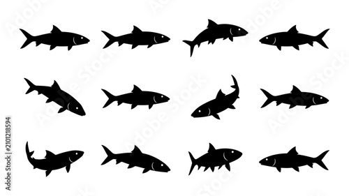 Canvastavla Set of 12 Black Silhouette Fish Icons, Marine Life Vector Graphics, Aquatic Anim