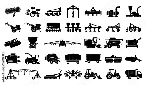 Schilderij op canvas Agricultural Machinery Vector Icons Featuring Plow Post Hole Digger Power Tiller