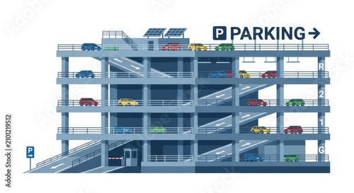 A side view of an urban parking garage featuring cars and concrete levels in a neutral. Generative AI