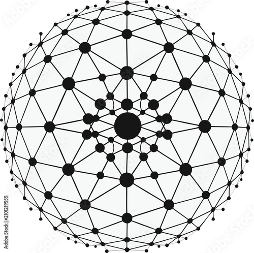 Obraz na płótnie Abstract circular network node diagram with connected points and lines on gray background