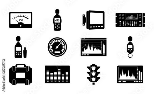Audio Measurement Equipment Icons, Sound Level Meters, VU Meters, Equalizers, and Spectrum Analyzers, Set of 12 Vector Graphics