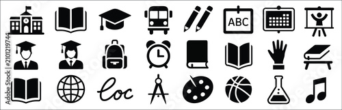 Foto School icon set, education and academic subject symbols collection featuring learning tools, classroom elements, study resources, and teaching concepts, vector illustration for educational materials