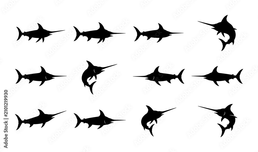 Fototapeta premium Swordfish Silhouette Collection, Marine Life Vector Icons, Ocean Predators Graphic Elements, Nautical Sport Fishing Icons