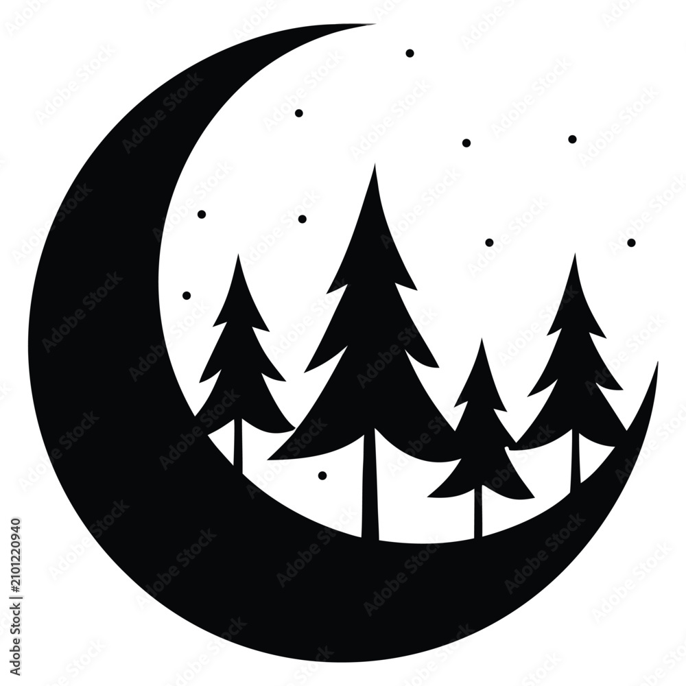 Fototapeta premium Crescent moon with pine trees and stars silhouette.