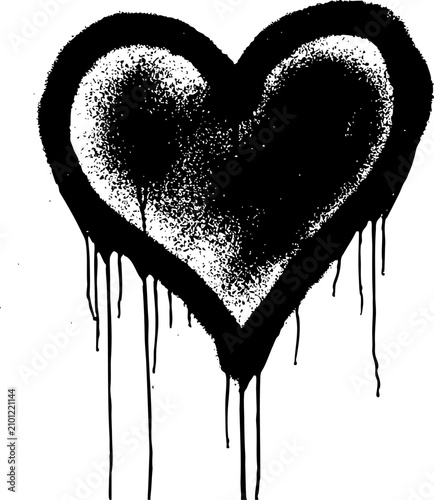 Black Graffiti Heart with Spray Paint Drips on White Background