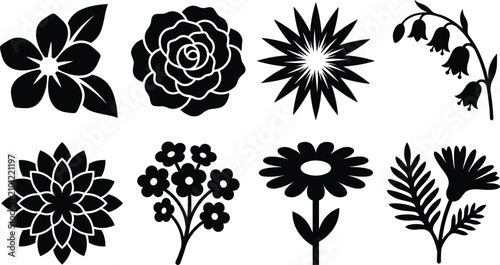 Set of decorative black flower silhouettes including rose daisy lily and bellflower isolated on a white background