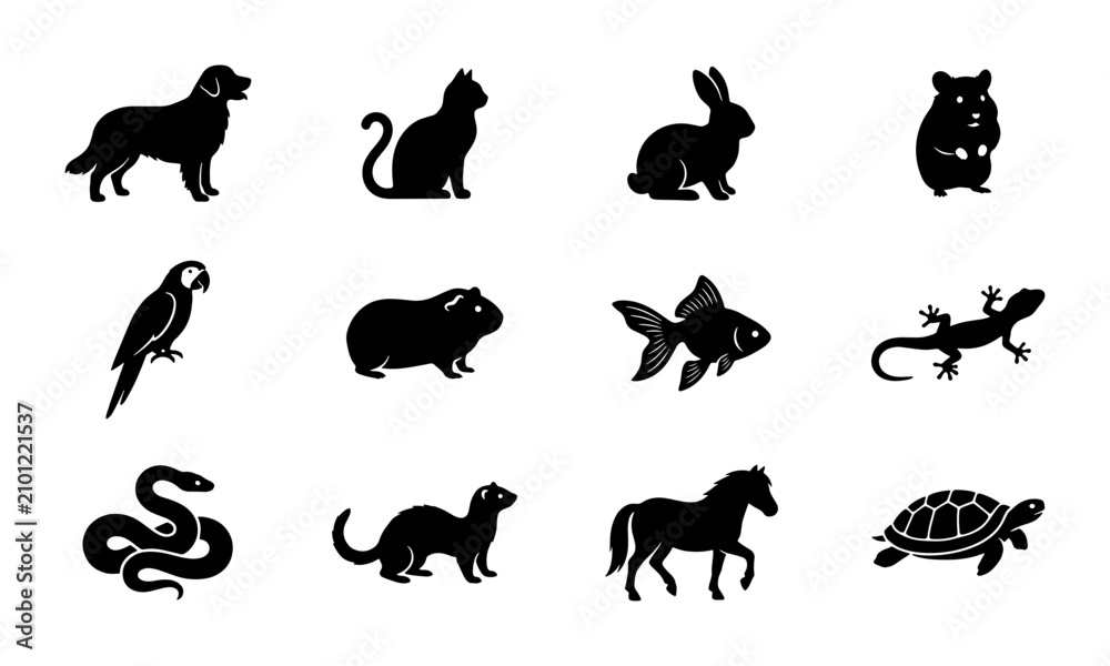 Obraz premium Diverse Pet Animal Silhouettes Collection, 12 Icon Set, Black Vector Graphics for Pet Care and Wildlife Themes