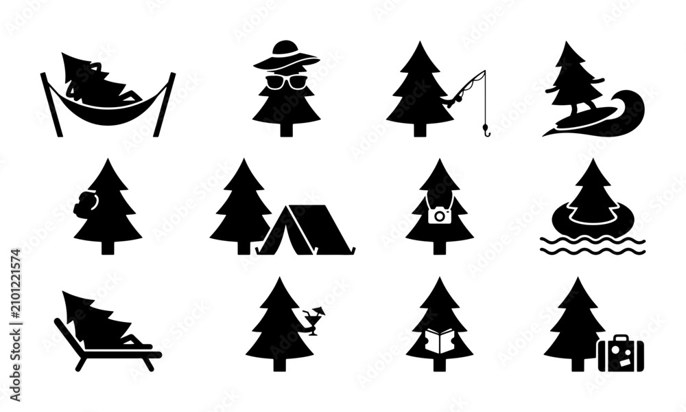 Obraz premium Camping and Outdoor Adventure Icons: Pine Tree Characters Engaged in Leisure Activities, Vector Set