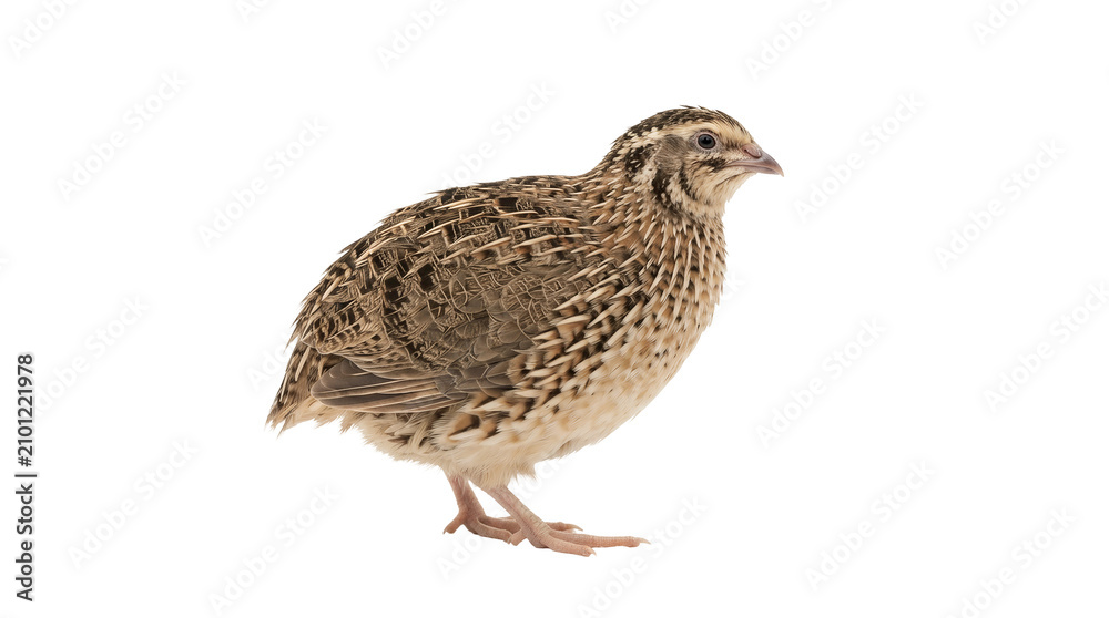 Obraz premium Profile view of a mottled brown quail isolated on a plain white background.