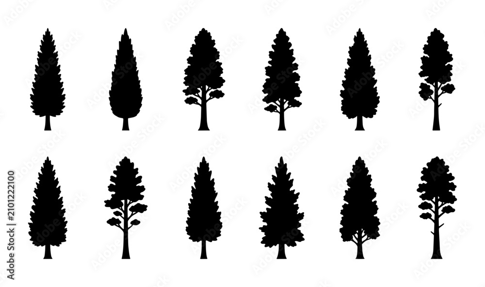 Fototapeta premium Coniferous Tree Silhouettes Collection, Evergreen Forest Icons, Pine and Fir Tree Vector Set, Nature Landscape Elements