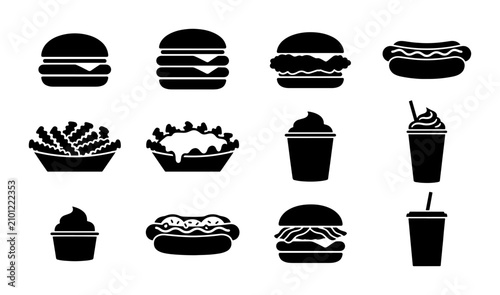 фотографія Black Silhouette Fast Food Icons Set, Vector Graphics Collection Featuring Burge