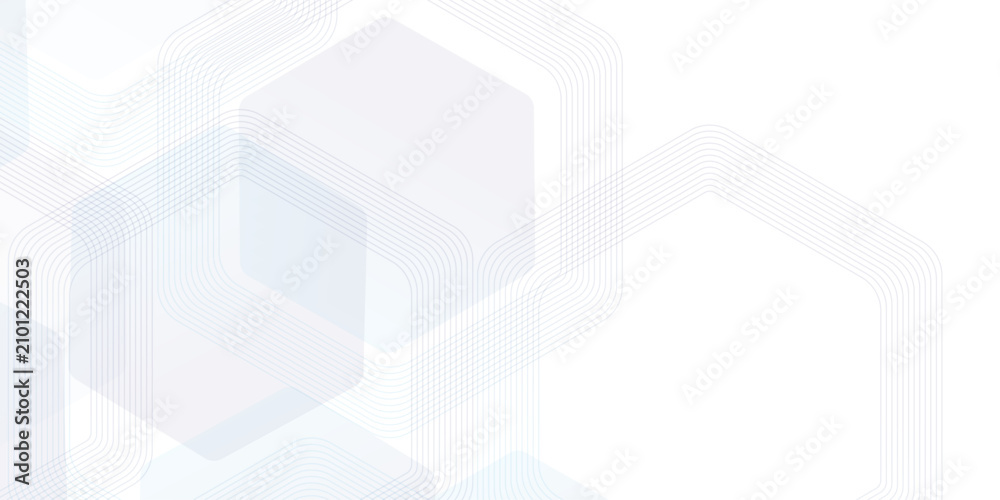 Fototapeta premium Abstract geometric pattern with overlapping translucent hexagons and flowing lines on a white background