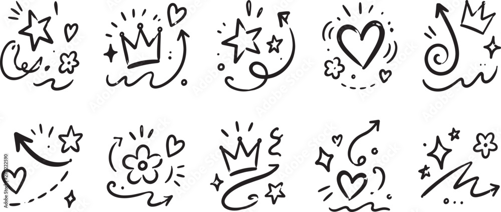 Fototapeta premium Hand Drawn Doodle Decorative Elements Set with Hearts Stars Crowns Flowers Arrows Swirls and Sparkles for Social Media, Scrapbook, Planner, Sticker and Cute Design Concept of Creativity and Decoration