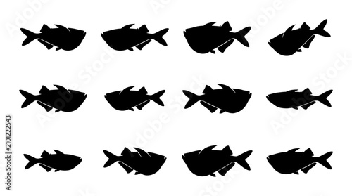 Cuadro en lienzo School of Fish Silhouettes, Aquatic Life Vector Icons, Marine Animal Collection,