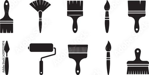 Black paint brush and painting tool silhouette collection with roller, palette knife, fan brush and artist brush icons isolated vector set for home renovation, decoration and creative design