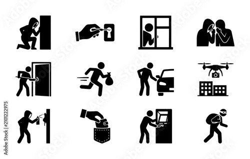 Crime and Security Icons Set: Burglary, Theft, Surveillance, and Protection Vector Graphics for Safety Concepts
