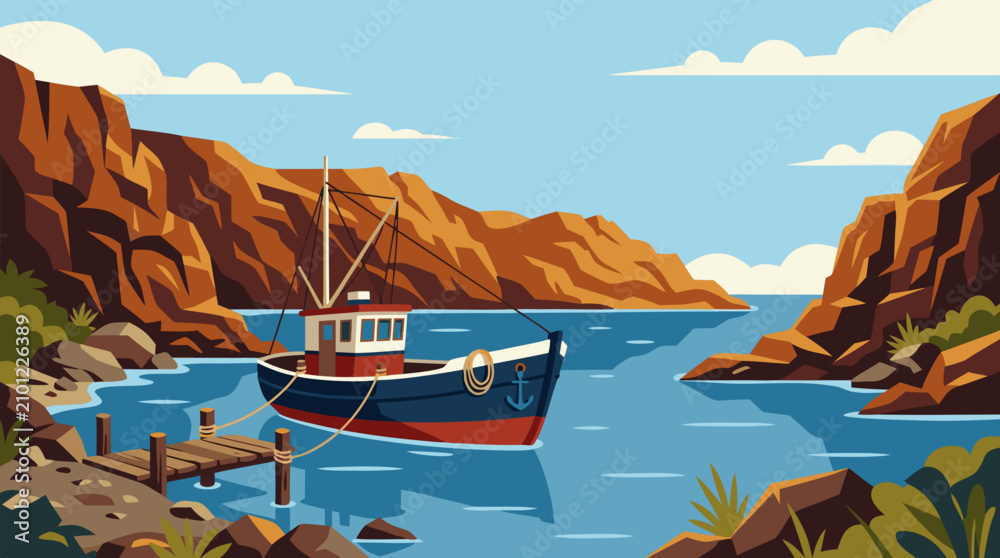 Naklejka premium Detailed vector art of classic fishing boat anchored in tranquil rocky bay surrounded by steep orange cliffs crystal clear blue sea calm waters sunny day with white clouds peaceful coastal nature