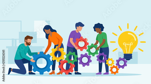Diverse team of coworkers collaboratively assembling colorful interlocking gears in domino chain leading to glowing lightbulb symbolizing teamwork innovation and bright ideas in modern office vector