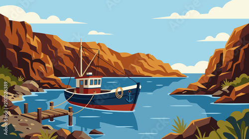 Detailed vector art of classic fishing boat anchored in tranquil rocky bay surrounded by steep orange cliffs crystal clear blue sea calm waters sunny day with white clouds peaceful coastal nature