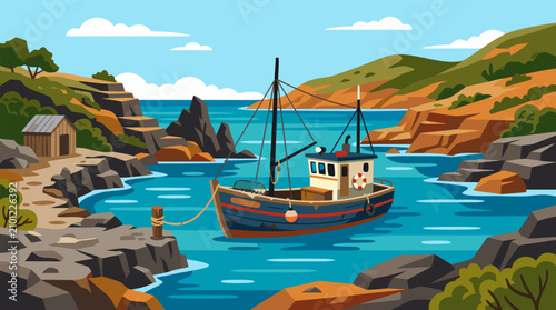 Vivid vector illustration of an old weathered fishing boat peacefully moored in a serene rocky coastal inlet with dramatic cliffs calm turquoise waters and bright sunny sky fluffy clouds scenic