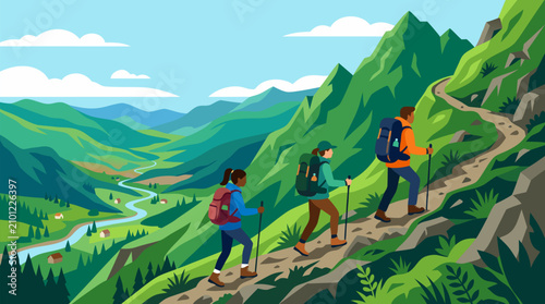 Energetic vector illustration of three hikers with backpacks climbing a steep green mountain trail on a sunny day with breathtaking panoramic valley river and forest views perfect for adventure and