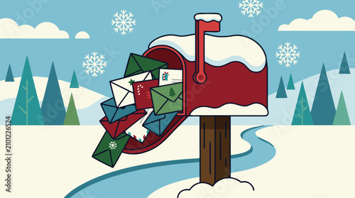 Vibrant vector illustration of red snow-covered mailbox overflowing with colorful holiday greeting envelopes and cards in serene winter landscape with falling snowflakes pine trees and winding path