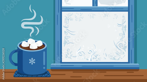 Cozy Steaming Mug of Hot Chocolate with Fluffy Marshmallows Beside Frosted Winter Window - Warm Holiday Comfort Beverage Vector Illustration Perfect for Seasonal Designs