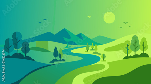 Smooth flowing teal to lime green gradient landscape vector illustration with mountains river trees and birds perfect for wellness branding packaging nature themed designs and modern commercial