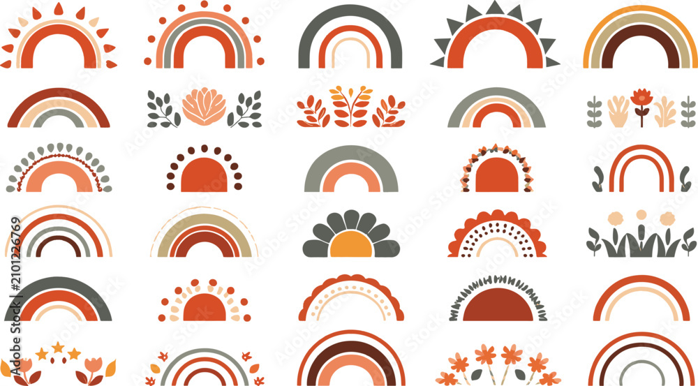 Fototapeta premium Minimalist Boho Rainbow and Botanical Sun Icons Set Hand Drawn Flat Vector Rainbows Terracotta Floral Elements Flowers and Moon Phases Clipart Collection for Nursery Decor and Wedding Invitation Desig