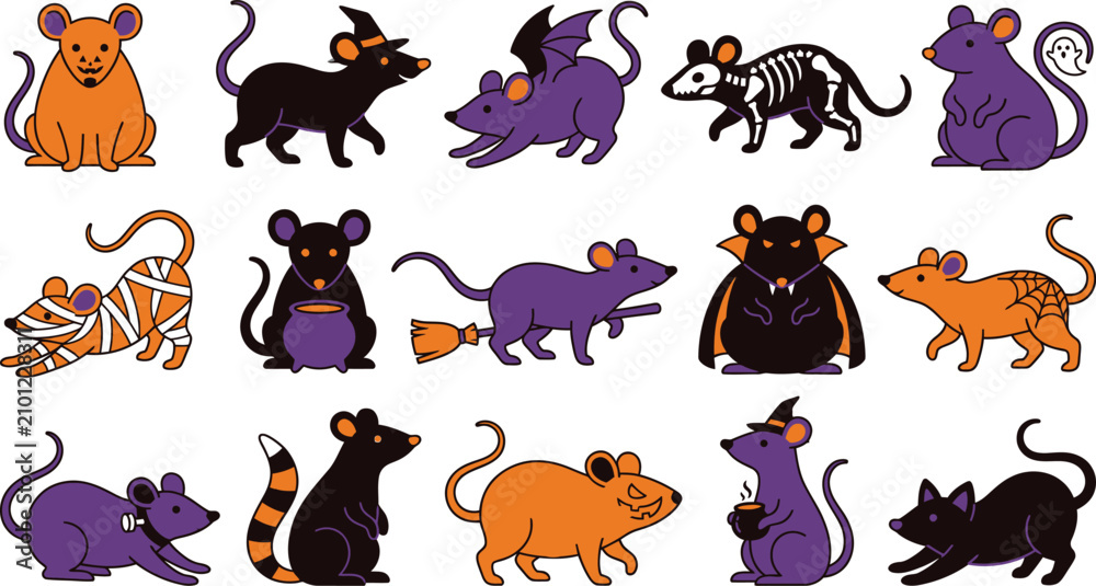 Obraz premium Halloween mice characters spooky festive vector illustration set