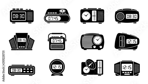 Retro Alarm Clocks Collection, Vintage Digital and Analog Timepieces, Classic Radio Designs, Set of 12 Black and White Icons for Time Management and Nostalgia