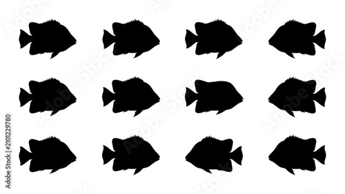 Cuadro en lienzo Black Fish Silhouettes, Aquatic Life Vector Pattern, Marine Animal Icons, Simple