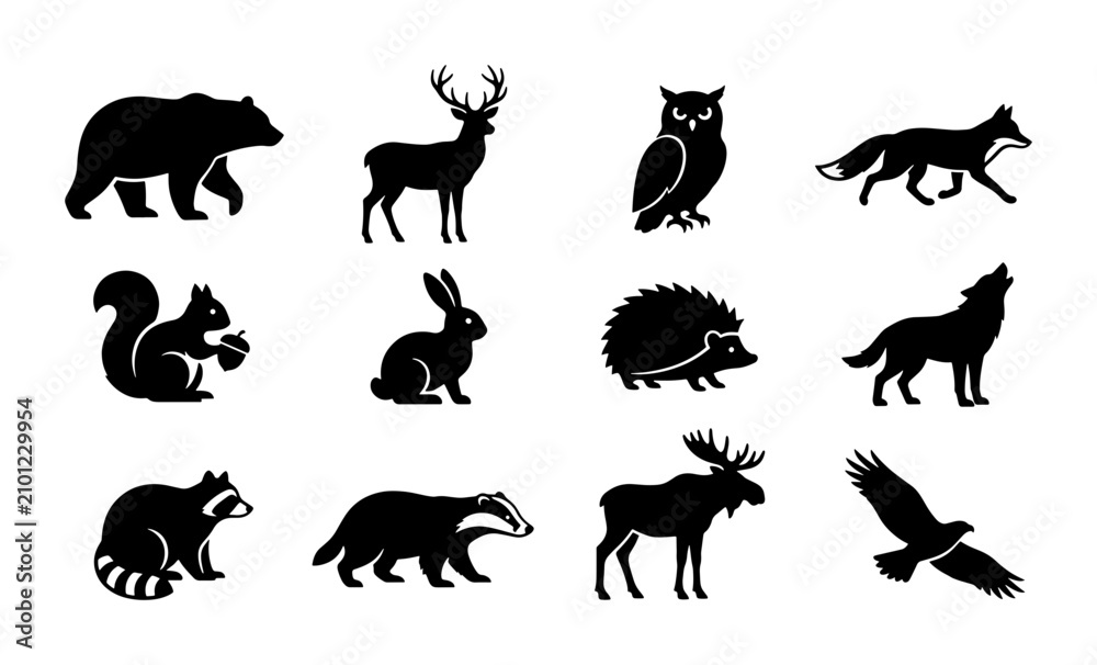 Obraz premium Forest Wildlife Silhouette Icons Set, Woodland Animals Vector Collection, Nature Fauna Graphics, Mammal and Bird Illustrations