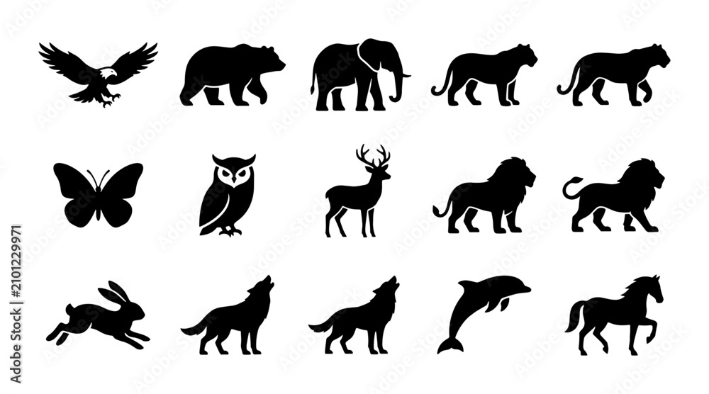 Obraz premium Diverse Wildlife Silhouette Collection: Majestic Animals, Forest Creatures, and Aquatic Life Vector Icons for Nature and Safari Themes
