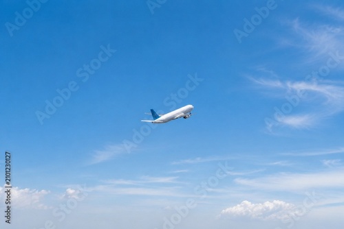 An airplane soaring into a clear blue sky, symbolizing travel and adventure.