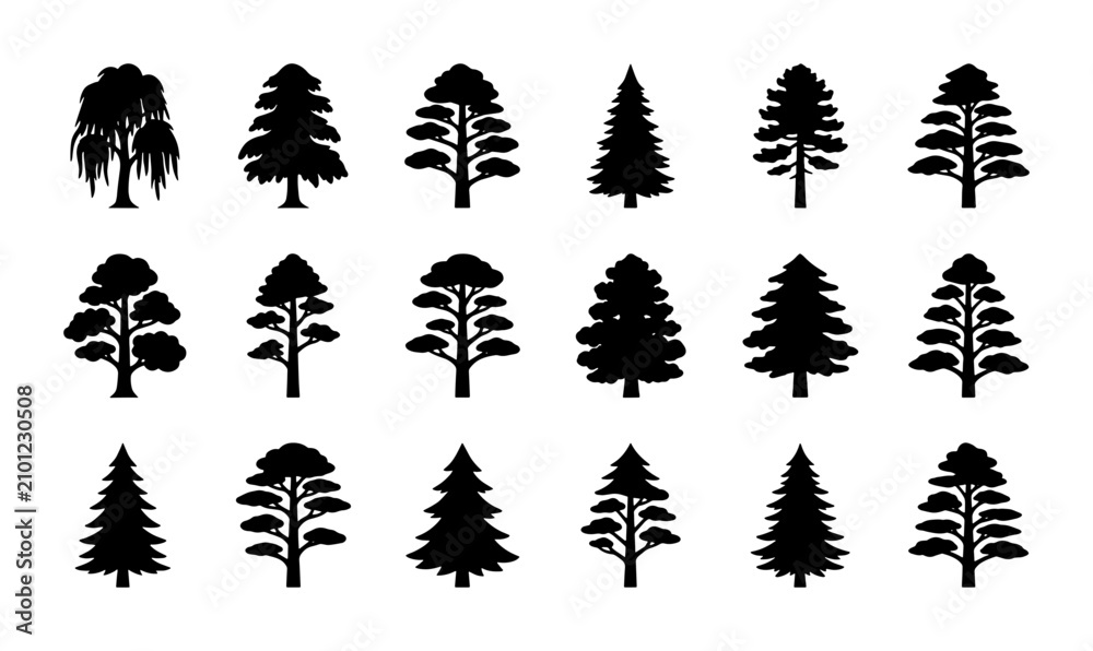 Fototapeta premium Diverse Tree Silhouettes Collection: Evergreen Conifers and Deciduous Styles, Vector Icons for Nature and Landscape Design