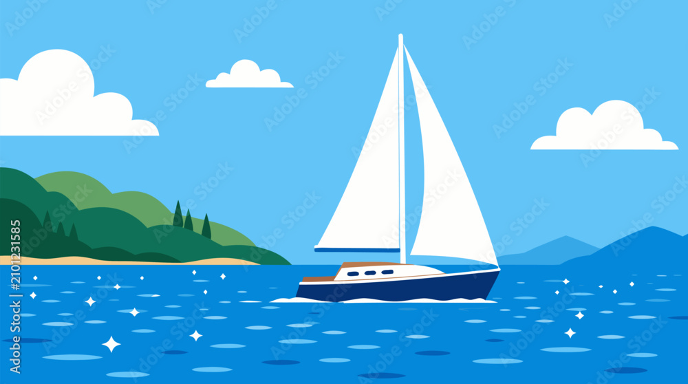 Naklejka premium Vibrant Vector Sailboat with White Sails Gliding on Sparkling Blue Ocean Water Near Green Hills Under Cloudy Sky, Scenic Summer Travel Vacation Maritime Nautical Vector Illustration