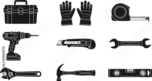 Industrial construction work tools black silhouette icons set featuring vector illustrations of toolbox gloves tape measure drill utility knife wrench hammer level