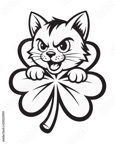 Angry Kitten with Four Leaf Clover Coloring Page – Cute Cartoon Cat Outline Vector