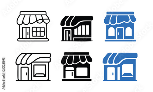 Storefront Icon Set – Black Outline and Blue Silhouette Vector Collection Representing Shop, Market, and Retail Business Design