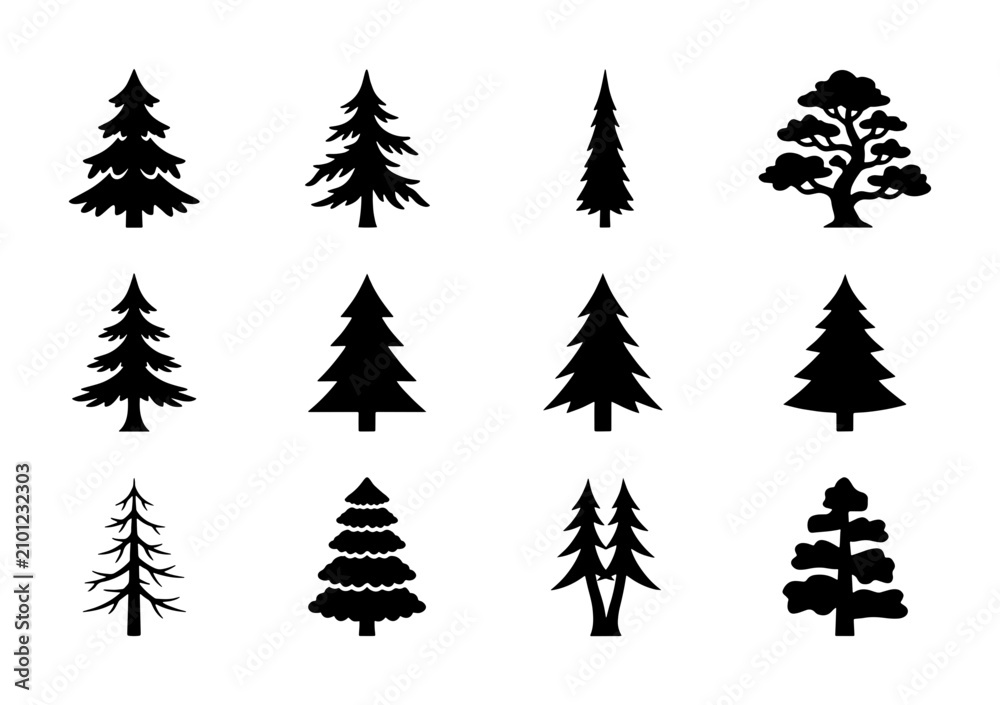 Obraz premium Diverse Evergreen Tree Silhouettes Collection, 12 Vector Icons for Nature and Forest Designs, Black and White Botanical Graphics