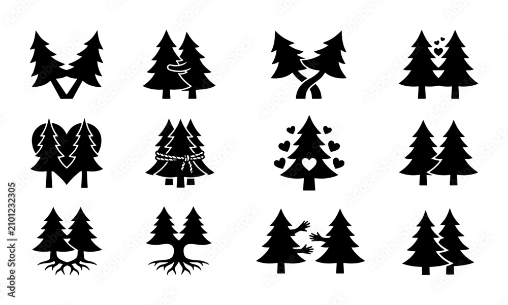 Obraz premium Set of 12 Black Silhouette Christmas Tree Icons, Festive Winter Holiday Vector Graphics, Decorative Evergreen Symbols for Seasonal Design Projects