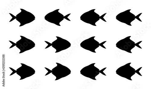 Photography Twelve Black Fish Silhouettes, Schooling Aquatic Animals, Simple Vector Graphics
